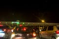 Night view of the line of cars for toll payment on a highway managed by the concessionaire Eco Pistas