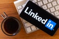 Sao Paulo, Brazil - March 23, 2020: Linkedin logo is displayed on a smartphone. Business social network