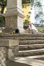 Work to clean vandalism graffiti, waterproof and restore the Obelisco da Memoria