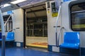 Passengers inside the carriage of a subway train on the green line 2, in the city of Sao Paulo