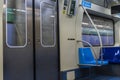 Passengers inside the carriage of a subway train on the green line 2, in the city of Sao Paulo