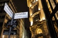 Night view of downton Sao Paulo with street sign and facade Centro Cultural Banco do Brazil