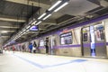 Assengers on the platform of Hospital Sao Paulo station, the 5-Lilac subway line, the Metropolitan Company of Sao Paulo, in the so