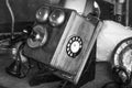 Sao Paulo / Sao Paulo / Brazil - 08 19 2018: Old heavy wood and metal vintage telephone in a desk at flea market; It`s an antiquit Royalty Free Stock Photo