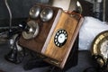 Sao Paulo / Sao Paulo / Brazil - 08 19 2018: Old heavy wood and metal vintage telephone in a desk at flea market; Royalty Free Stock Photo