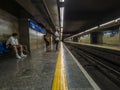 Passengers wait for the train to arrive on the platform of blue line 1 of the Sao Paulo city subway