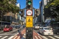 Semaphore and bicycle path in Paulista Avenue. on the sign `cyclist, only dares in the green` in Portuguese