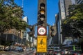 Semaphore and bicycle path in Paulista Avenue. on the sign `cyclist, only dares in the green` in Portuguese Royalty Free Stock Photo