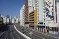 Sao Paulo cityscape: vehicles traffic, city architecture, Prestes Maia avenue