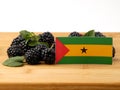 Sao Tome and Principe flag on a wooden panel with blackberries i