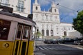 Sao Vicente de Fora Monastery Alfama - Yellow tram in foreground Royalty Free Stock Photo