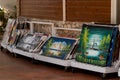Saona, Dominican Republic. Street shop of colorful paintings near the hotel, travel souvenirs. Editorial