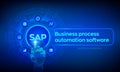 SAP Business process automation software. ERP enterprise resources planning system concept on virtual screen. Robotic hand