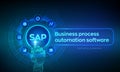 SAP Business process automation software. ERP enterprise resources planning system concept on virtual screen. Robotic hand