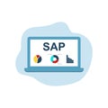 SAP Business process automation software on laptop screen. Different graphic icons