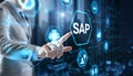 SAP enterprise software interface on futuristic touchscreen as business professional Royalty Free Stock Photo