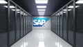 SAP SE logo on the wall of the server room. Editorial 3D rendering