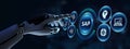 SAP System Software Automation concept on virtual screen data center. Robot pressing button on virtual screen. 3d render Royalty Free Stock Photo
