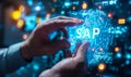 SAP Systems Applications and Products enterprise software solutions concept. Globe surrounded by application icons representing