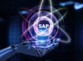 SAP Systems Applications and Products Illustrated with a Robot Hand Pressing a Button on a Virtual Screen. 3D render