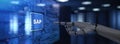 SAP Systems Applications and Products Illustrated with a Robot Hand Pressing a Button on a Virtual Screen. 3D render