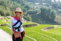 Sapa, Vietnam - May 2019: Hmong woman in traditional dress walks along rice terraces in Lao Cai province Royalty Free Stock Photo