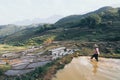 Sapa, Vietnam - May 2019: Hmong woman in traditional dress walks on rice terraces in Lao Cai province