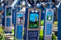 Sapanta, Maramures, Romania - June 17, 2022: Painted blue wooden monuments in an unique in the World