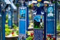 Sapanta, Maramures, Romania - June 17, 2022: Painted blue wooden monuments in an unique in the World