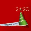 Greeting card 2020 presenting in an original way, a green Christmas tree on a red background. Royalty Free Stock Photo