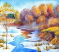 Stream in forest valley winter day. Watercolour landscape