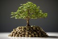 The saplings that grow on the pile of coins include the white light flooding the trees, business ideas, saving money, and economic