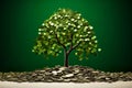 The saplings that grow on the pile of coins include the white light flooding the trees, business ideas, saving money, and economic