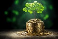 The saplings that grow on the pile of coins include the white light flooding the trees, business ideas, saving money, and economic