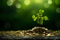 The saplings that grow on the pile of coins include the white light flooding the trees, business ideas, saving money, and economic