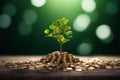 The saplings that grow on the pile of coins include the white light flooding the trees, business ideas, saving money, and economic