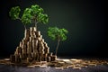 The saplings that grow on the pile of coins include the white light flooding the trees, business ideas, saving money, and economic Royalty Free Stock Photo