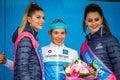 Sappada, Italy May 20, 2018: Miguel Angel Lopez, AstanaTeam, celebrates on the podium Royalty Free Stock Photo