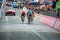 Sappada, Italy May 20, 2018: Professional Cyclists on the finish line in Sappada after a hard montain stage