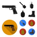 Sapper blade, hand grenade, army flask, soldier boot. Military and army set collection icons in black, flat style vector