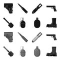 Sapper blade, hand grenade, army flask, soldier boot. Military and army set collection icons in black,monochrome style