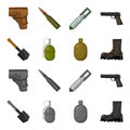 Sapper blade, hand grenade, army flask, soldier boot. Military and army set collection icons in cartoon,monochrome style