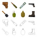 Sapper blade, hand grenade, army flask, soldier boot. Military and army set collection icons in cartoon,outline style