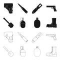 Sapper blade, hand grenade, army flask, soldier`s boot. Military and army set collection icons in black,outline style Royalty Free Stock Photo