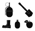 Sapper blade, hand grenade, army flask, soldier`s boot. Military and army set collection icons in black style vector Royalty Free Stock Photo