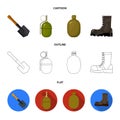 Sapper blade, hand grenade, army flask, soldier`s boot. Military and army set collection icons in cartoon,outline,flat