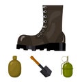 Sapper blade, hand grenade, army flask, soldier`s boot. Military and army set collection icons in cartoon style vector Royalty Free Stock Photo