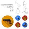 Sapper blade, hand grenade, army flask, soldier`s boot. Military and army set collection icons in outline,flat style