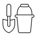 Sapper shovel with bucket thin line icon, construction concept. Vector graphics. Shovel and sand bucket sign on white Royalty Free Stock Photo