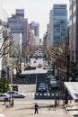 Sapporo cityscape with walking people, road and moving cars in the afternoon at Hokkaido, Japan